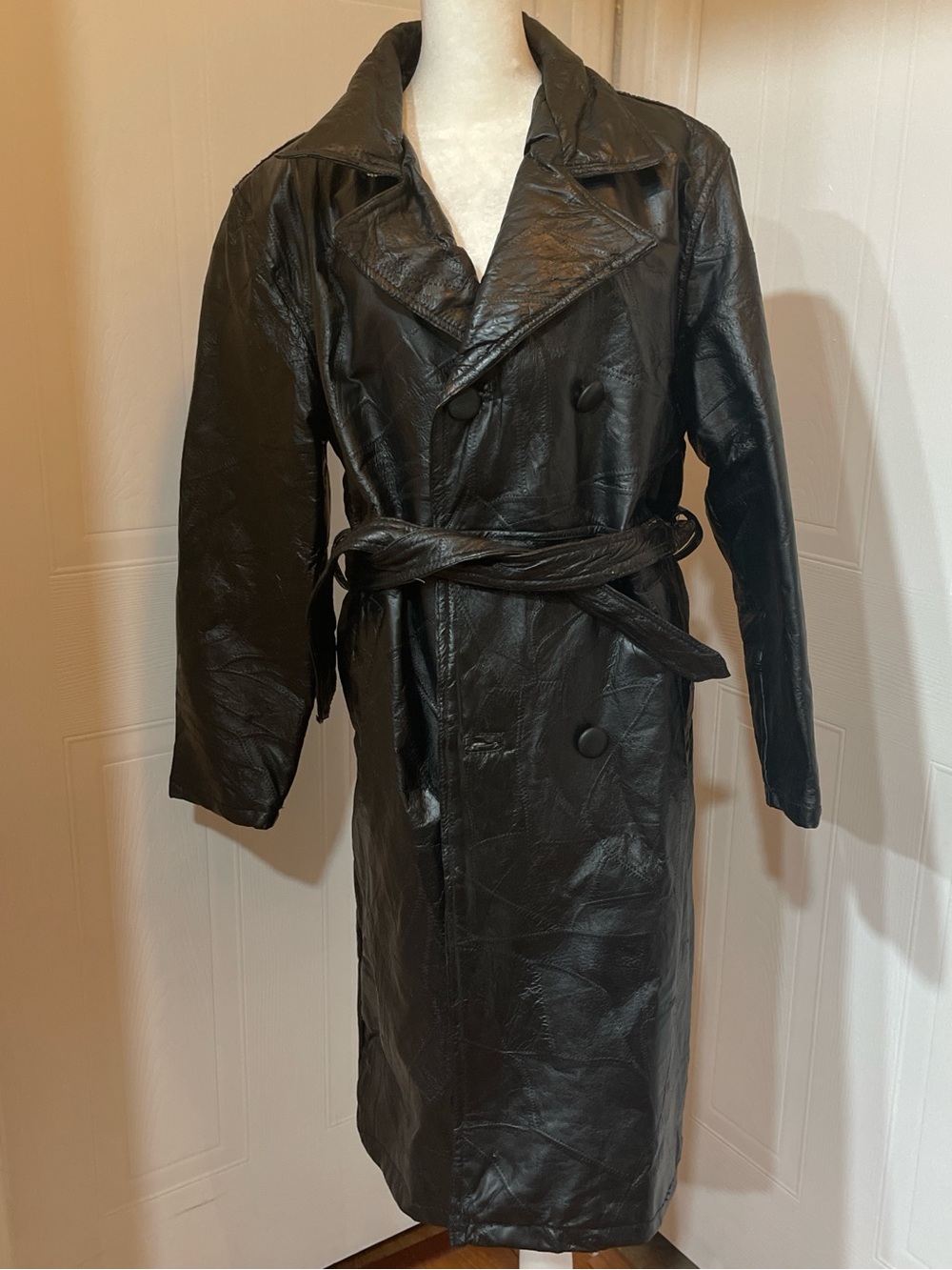 Men's Black Double-Breasted Faux Leather Trench Coat